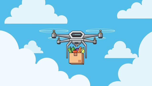 Drone Delivering Fresh Groceries Amidst Clouds, Food Delivery Revolutionized in Sky
