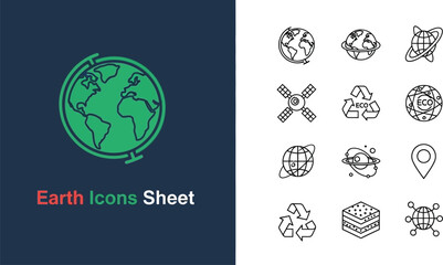 Black outline icon sheet of earth globe and global technology concepts