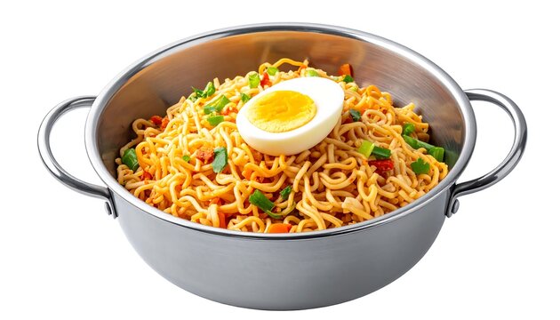 Delicious and tasty instant fried noodle with boiled egg, isolated on white background in a stainless steel bowl