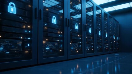 Secure server room with digital padlocks on racks in a dark datacenter - Powered by Adobe