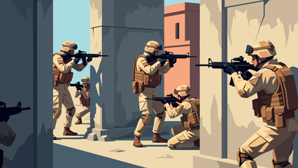 Fototapeta premium Tactical team maneuvering urban environment in flat design style