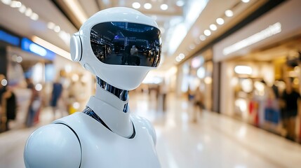 Sophisticated white humanoid service robot standing attentively in a brightly lit modern shopping mall observing customer activity through its reflective visor screen technology