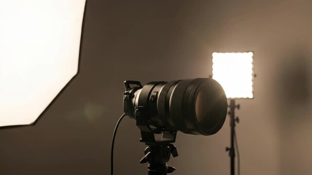 Professional photography studio setup featuring camera, lens, softbox, and LED panel against a neutral background.
