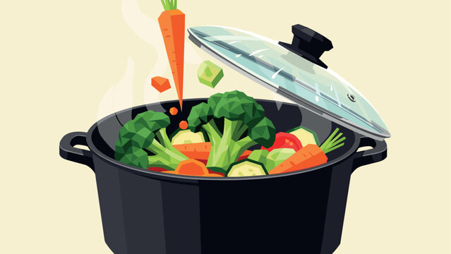 Fresh vegetables cooking in pot with steam and lid in geometric design