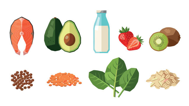 Healthy food ingredients in flat design: salmon, avocado, milk, fruits, and grains
