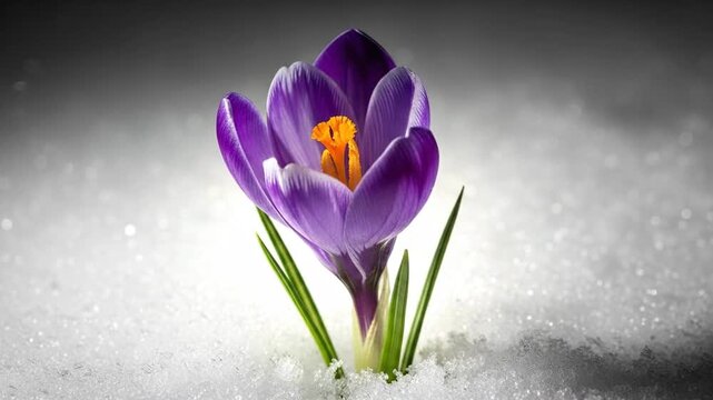 Vibrant purple crocus flower emerging through the snow, symbolizing resilience and the arrival of spring.