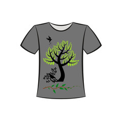Graphic t-shirt design featuring a stylized black tree with vibrant green leaves and silhouette birds, set against plain gray background, perfect for casual wear, nature lovers, and unique apparel.