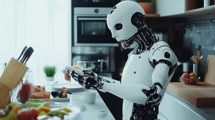 Advanced android robot carefully examining a plate of food while standing attentively in a brightly lit modern kitchen demonstrating automation in domestic service tasks