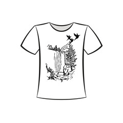 T-shirt design featuring picturesque waterfall landscape with trees and flying birds in black and white sketch style ideal for nature lovers apparel template