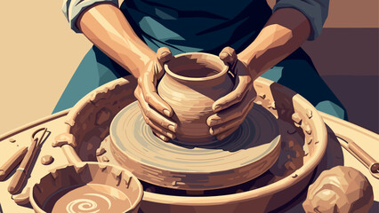Crafting with clay: hands at a pottery wheel in earthy tones