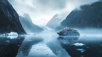 Majestic cruise ship navigates icy, misty waters between towering dark mountains approaching a dramatic glacial landscape during a cold arctic or alaskan expedition tour.