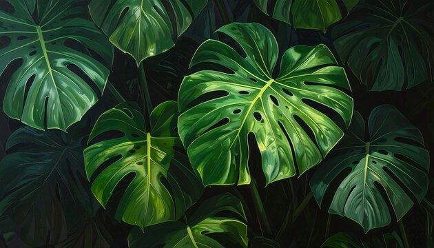 Large-format artwork depicts lush, detailed leaves with natural light and shadow on a dark backdrop