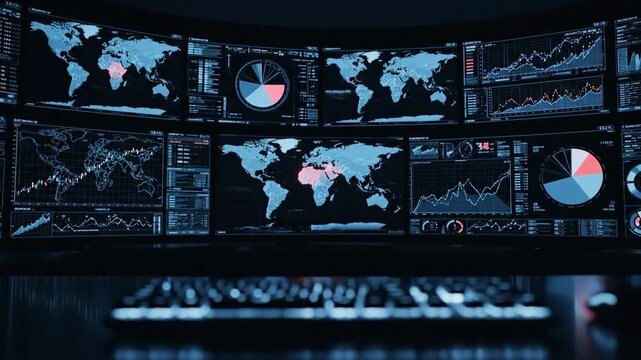 Command center displays global data maps charts and graphs on multiple screens