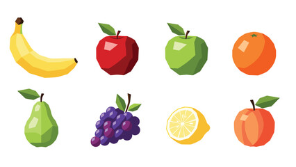 Geometric low poly fruits collection with banana, apple, orange, and more
