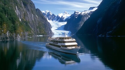 Scenic tour boat carrying passengers navigates calm deep blue glacial fjord waters surrounded by massive steep rock cliffs and distant snowcapped mountains reflecting the bright sky.