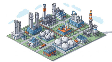 Industrial complex with multiple factories and chimneys.