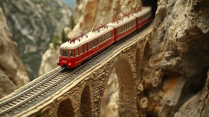 Detailed miniature model of a bright red and white electric mountain railway train crossing an arched stone viaduct carved into a dramatic rocky gorge landscape