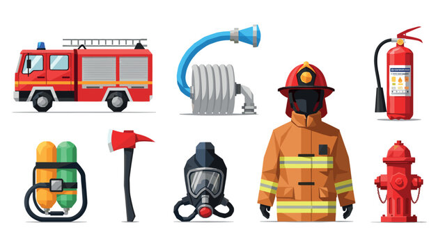 Firefighter equipment icons featuring tools and gear in flat design