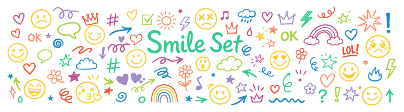 Smile emoji doodle faces, happy emoticon expressions, cheerful cartoon vector icons, playful hand-drawn faces, joyful mood collection on transparent background
