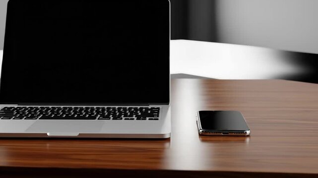 Modern workspace featuring a laptop and smartphone on a wooden desk, illuminated by soft light.