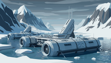 Futuristic arctic research station amidst icy mountains and frozen waters