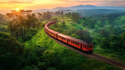 Scenic orange passenger train winding through lush tropical jungle hillsides under a golden sunset sky creating a dramatic travel vista