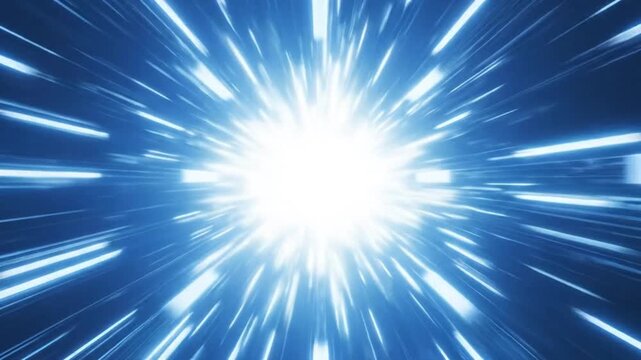 Abstract hyper-speed light tunnel with glowing blue energy rays expanding from a central luminous point, representing warp travel or data transfer through a futuristic portal