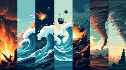 Fototapeta na wymiar Dynamic natural disasters: abstract geometric depictions of fire, floods, and tornadoes