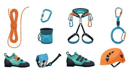 Essential climbing gear set: helmet, harness, shoes, rope, carabiners, belay devices