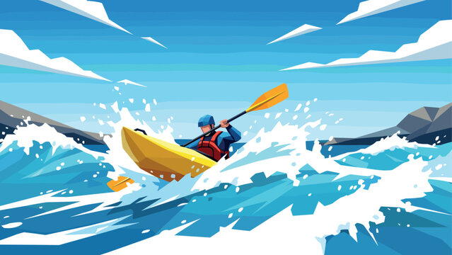 Adventurous kayaking in dynamic ocean waves with a blue sky background