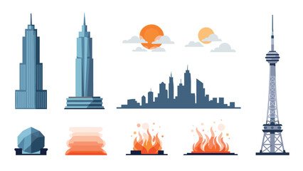 Obraz premium Modern cityscape elements with iconic skyscrapers and abstract fire motifs