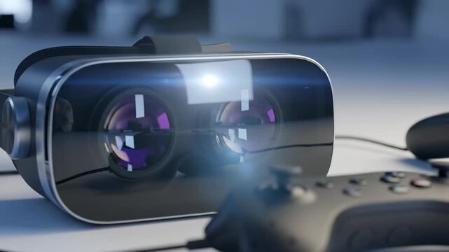 Virtual reality headset and controller on a white surface, modern technology.