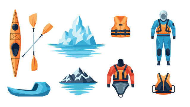 Flat design kayaking gear and arctic exploration equipment collection