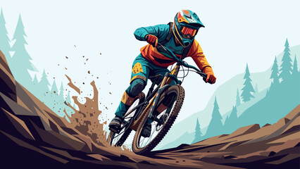 Mountain biker descends rocky trail in dynamic digital art with forest background
