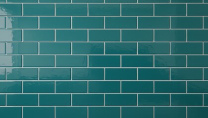 Close Up Teal Subway Tiles Glossy, Reflection From Studio Light, Designer Sample For Kitchen Backsplash, Smooth Ceramic Surface, Subtle Grout Lines, Minimalist Mood, TrendDriven Colorway