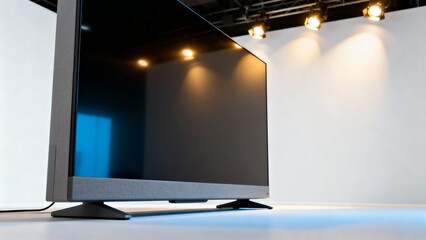 Fototapeta premium Close up view of large flat screen television on stand in studio setting with overhead lighting