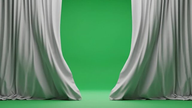 Elegant white curtains partially open against a vibrant green screen backdrop, ideal for virtual sets.