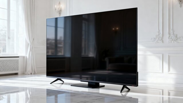 Large modern television screen standing on luxurious shiny marble floor in white room with window