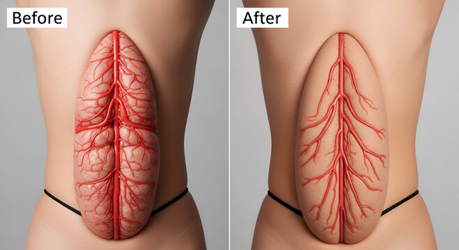 Venogenic ED Anatomy Side by side comparison of a human kidney before and after medical intervention