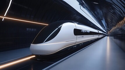Sleek futuristic high speed train arriving at a modern subterranean station platform illuminated by subtle linear orange and white neon lighting effects suggesting rapid transit innovation
