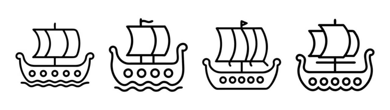 Viking ship icon set with classic ancient sailing vessel symbols