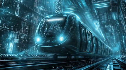 Sleek futuristic subway train illuminated by intense cyan light races through a hypermodern cityscape tunnel showcasing advanced urban mass transit technology and speed