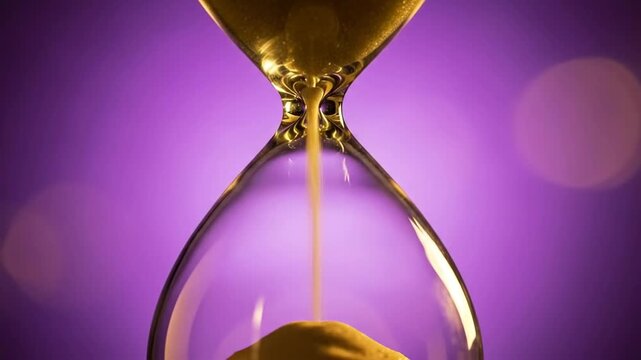 Hourglass with golden sand flowing, symbolizing time passing and deadlines approaching on purple background.