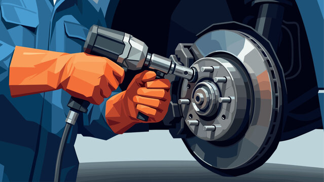 Mechanic tightening car wheel with impact wrench in polygonal art style