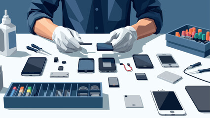 Mobile repair technician working with smartphone tools on desk