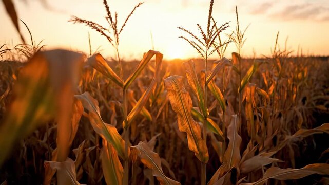 Beautiful cornfield under sunset glow. Rows of corn plants sway gently in breeze. Warm colors create serene atmosphere for agricultural landscape. Nature's beauty showcases harvest season.