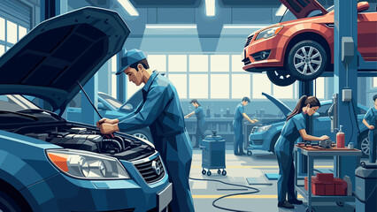 Auto repair workshop with mechanics working on cars in busy garage