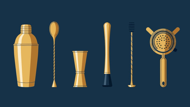 Elegant Bar Tools Set Depicted With Metallic Gold Against A Deep Blue Background
