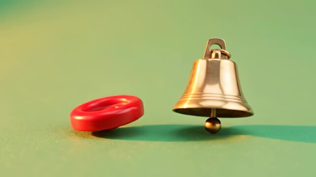 Close-up of a red button and a golden bell on a green background.