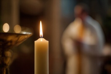 Candle burns brightly during a religious ceremony in a church with a priest in the background holding a staff